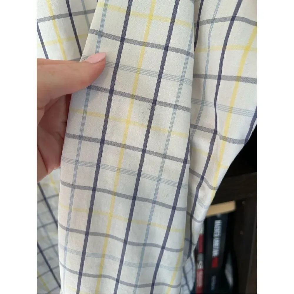 🐿️ Banana Republic White Yellow Blue Plaid Button Front Top SM 14-14.5” 32-33”
